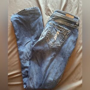 Blue Straight Leg Jeans with Distressed Finish
